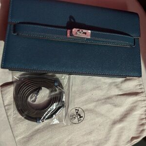 Blue Leather Wallet with Strap